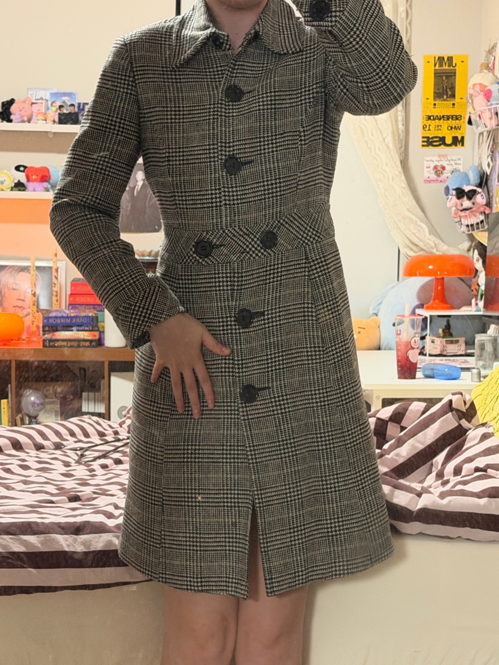 Womens Black & White & Red Houndstooth Wool Button-Front Coat / Trina Turk